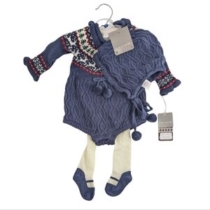 NWT Tahari Fairisle Long Sleeve Bubble Romper with tights and hat Size 0-3 month